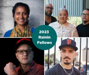 A collage of the 2023 Rainin Fellows. Pictured clockwise is Joanna Haigood; Nate Watson, Michele Carlson and Weston Teruya of Related Tactics; Mohammad Gorjestani; and Sean San José. Related Tactics photo by Mia Nakano.
